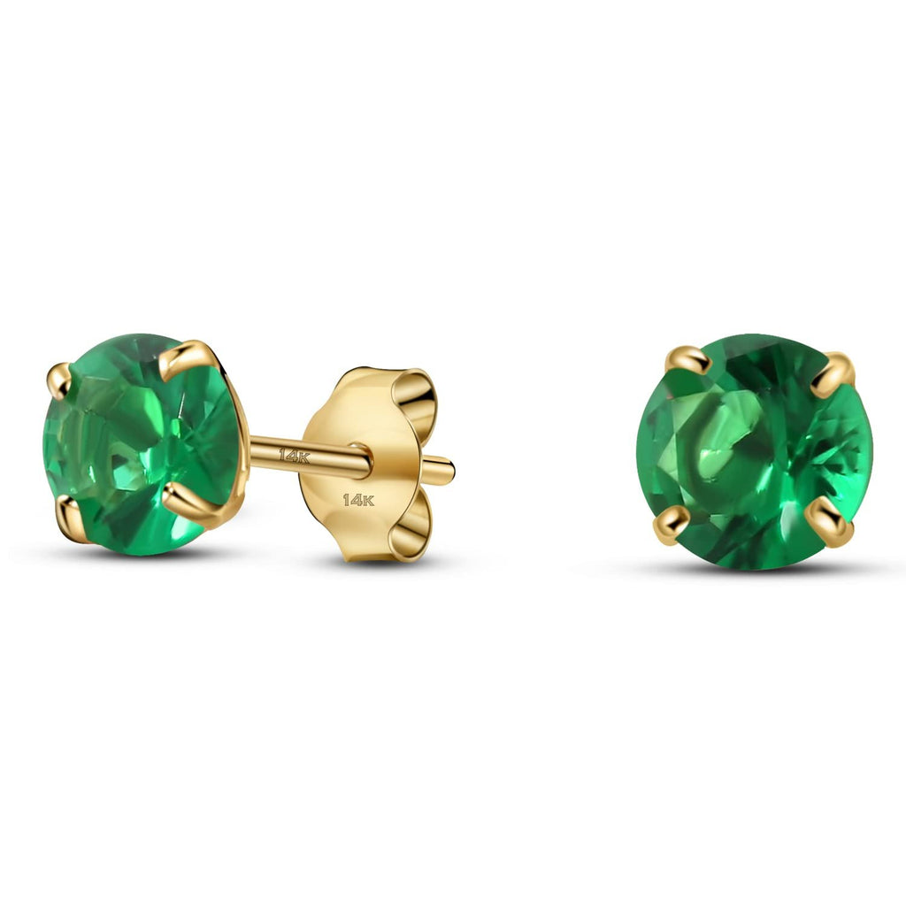 05-May Solid 14K Yellow Gold Round Solitaire May Simulated Emerald Birthstone Minimalist Stud Earring