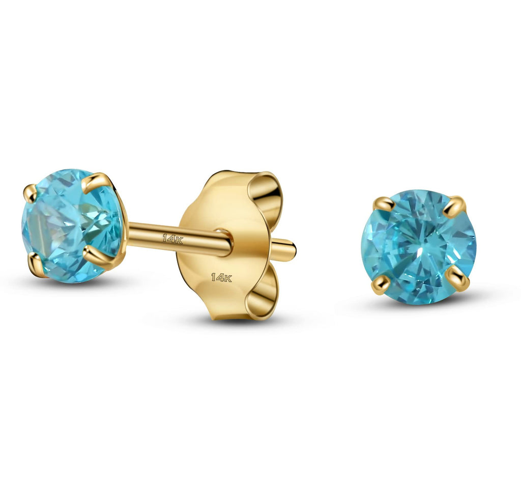 12-December Solid 14K Yellow Gold Round Solitaire December Simulated Blue Topaz Birthstone Minimalist Stud Earring