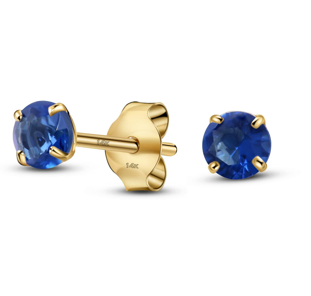 09-September Solid 14K Yellow Gold Round Solitaire Septemberv Simulated Sapphire CZ Birthstone Minimalist Stud Earrings