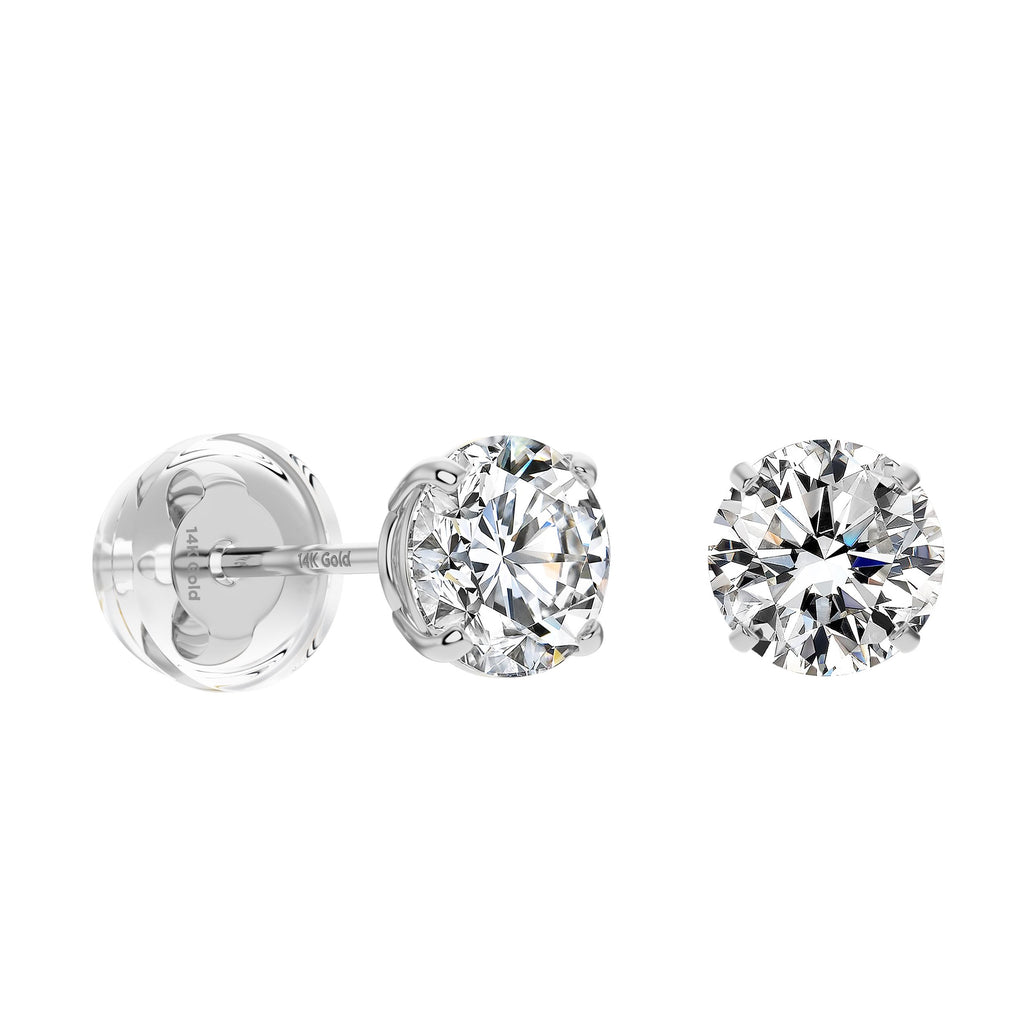 Solid 14k White Gold Solitaire Round Cubic Zirconia CZ Stud Earrings with Gold butterfly Comfort Silicone Pushbacks