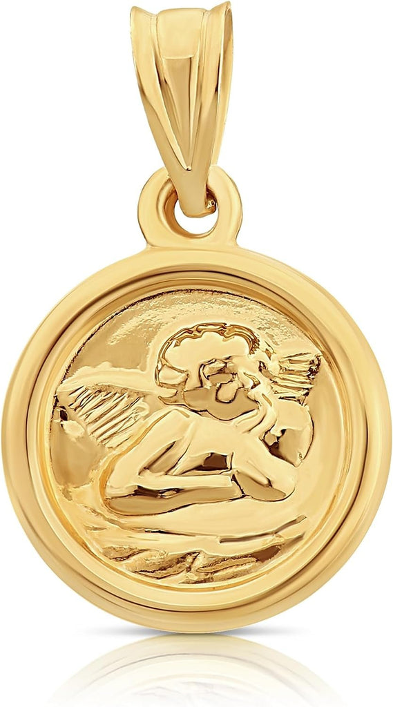 Art and Molly Real 14k Yellow Gold Baby Cupid Angel Round Pendant