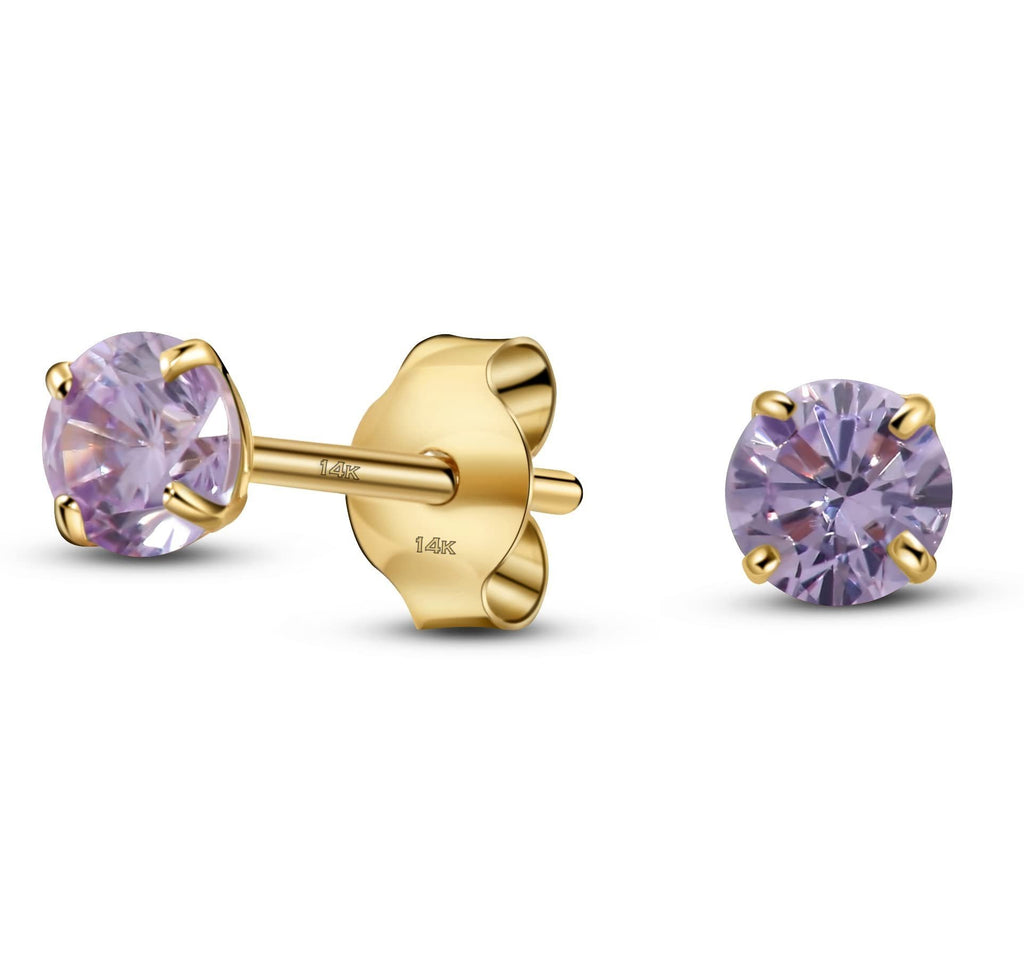 06-June Solid 14K Yellow Gold Round Solitaire June Simulated Alexandrite Birthstone Minimalist Stud Earring
