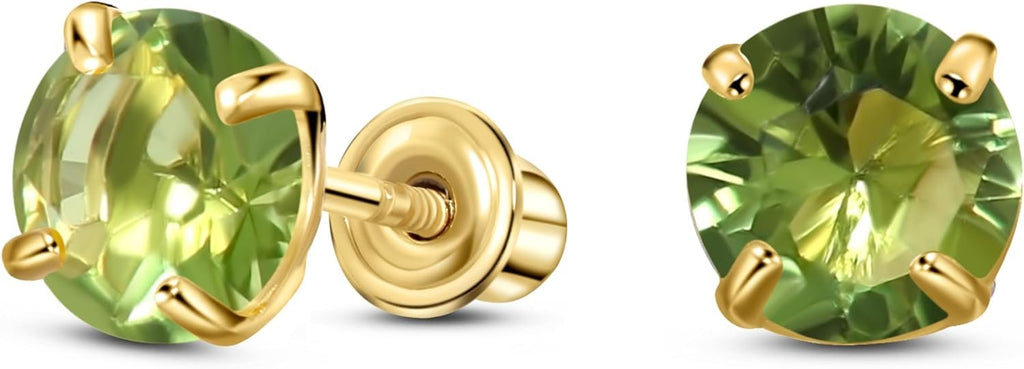 14K Yellow Gold Solitaire August Simulated Peridot Stud Earring, Screw Back Stud