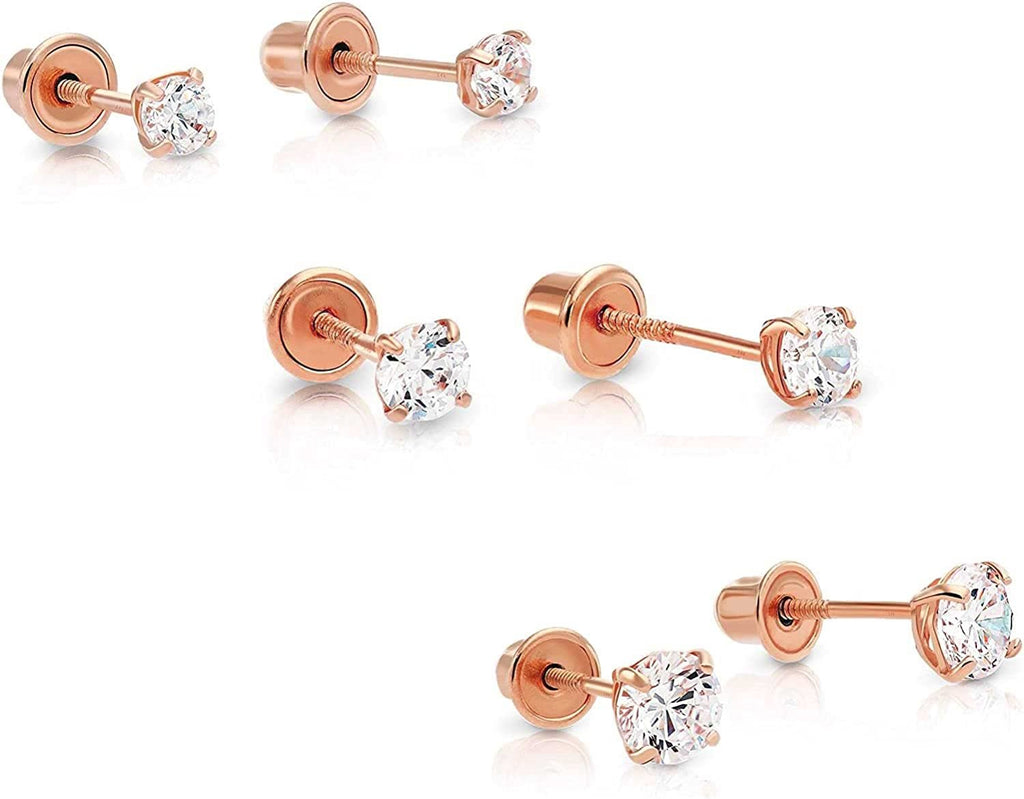 14k Gold Solitaire Round Cubic Zirconia Stud 3 Pair Earring Set (3mm, 4mm, 5mm) (rose-gold)