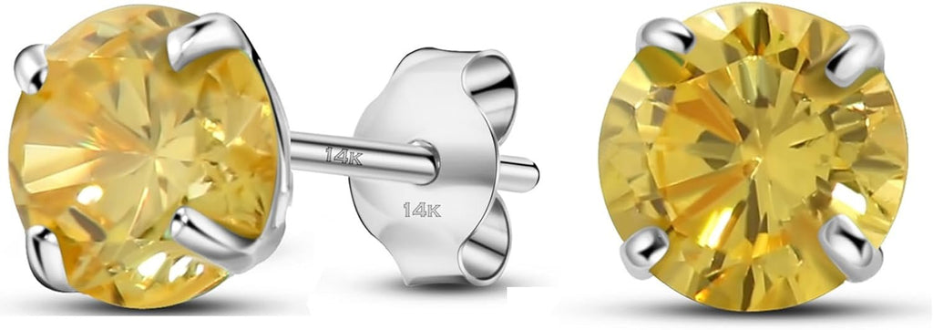 11-November Solid 14K White Gold Round Solitaire November Simulated Citrine CZ Birthstone Minimalist Stud Earring