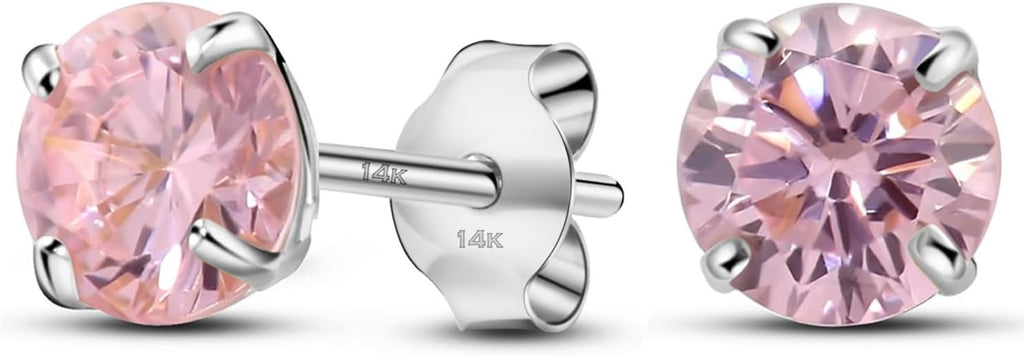 10-October Solid 14K White Gold Round Solitaire October Simulated Tourmaline CZ Birthstone Minimalist Stud Earring