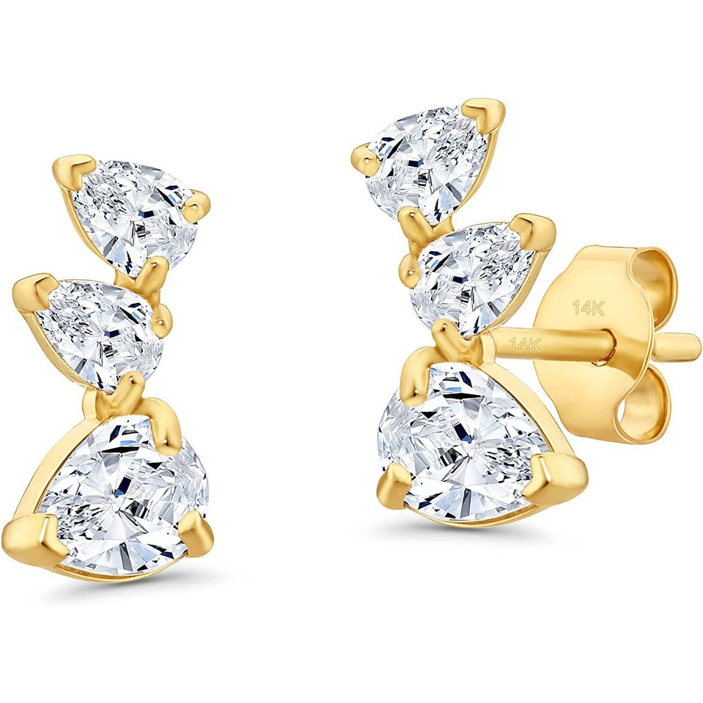 Yellow Gold 14k Yellow Gold Tiny Curved Climber Stud Earrings with Three Stones Cubic Zirconia CZ Trio Studs