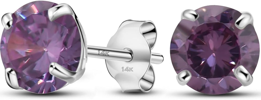 02-February Solid 14K White Gold Round Solitaire February Simulated Amethyst Birthstone Minimalist Stud Earring