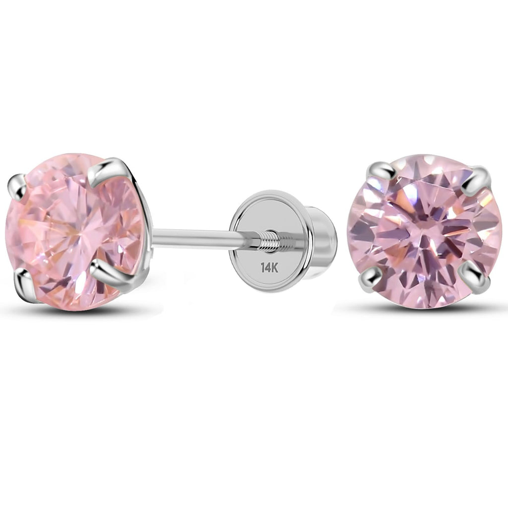 Solid 14K White Gold Round Solitaire Simulated-Tourmaline-Birthstone Minimalist Stud Earring with Comfort Screw Backing
