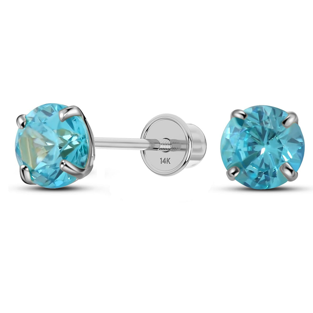 Solid 14K White Gold Round Solitaire Simulated-Blue Topaz- CZ Birthstone Minimalist Stud Earring with Comfort Screw Backing