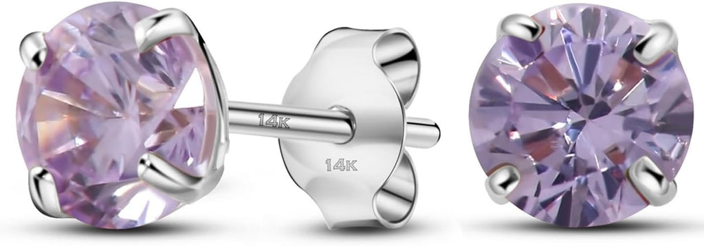 06-June Solid 14K White Gold Round Solitaire June Simulated Alexandrite Birthstone Minimalist Stud Earring