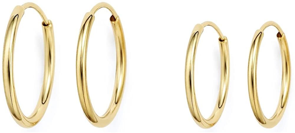 14k Gold Thin Continuous Endless Hoop Earrings, Two Pair Set of Popular Sizes (10mm and 12mm)