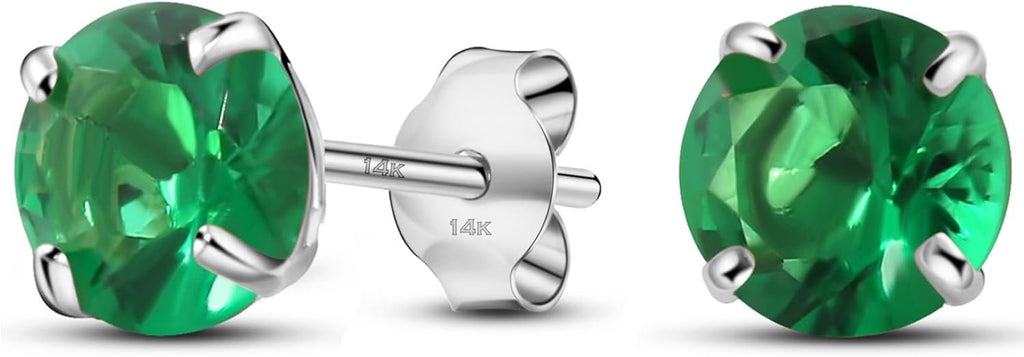 05-May Solid 14K White Gold Round Solitaire May Simulated Emerald Birthstone Minimalist Stud Earring