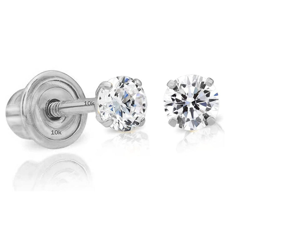 Solid 10k White Gold Solitaire Round Cubic Zirconia Tiny Stud Earrings in Secure Screw-backs (2.5mm)