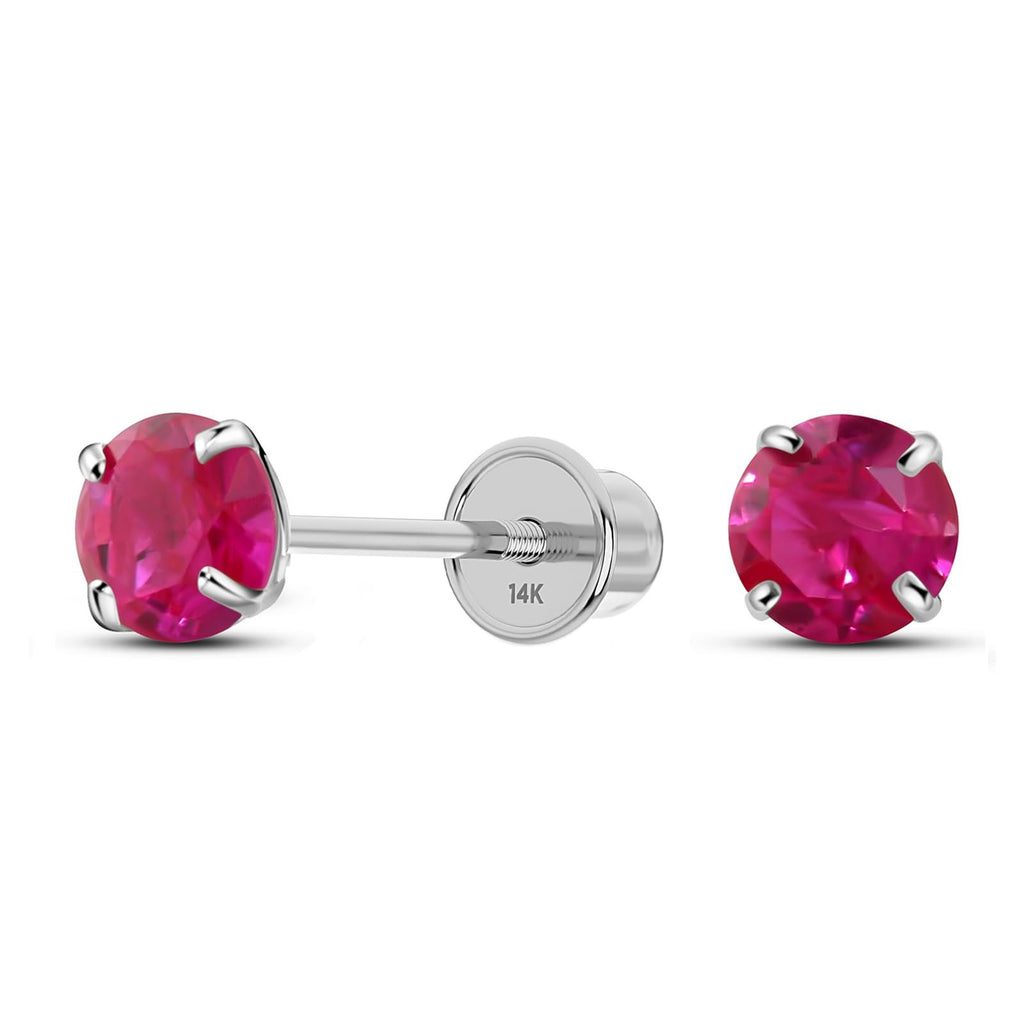 Solid 14K White Gold Round Solitaire Simulated-Ruby-Birthstone Minimalist Stud Earring with Comfort Screw Backing