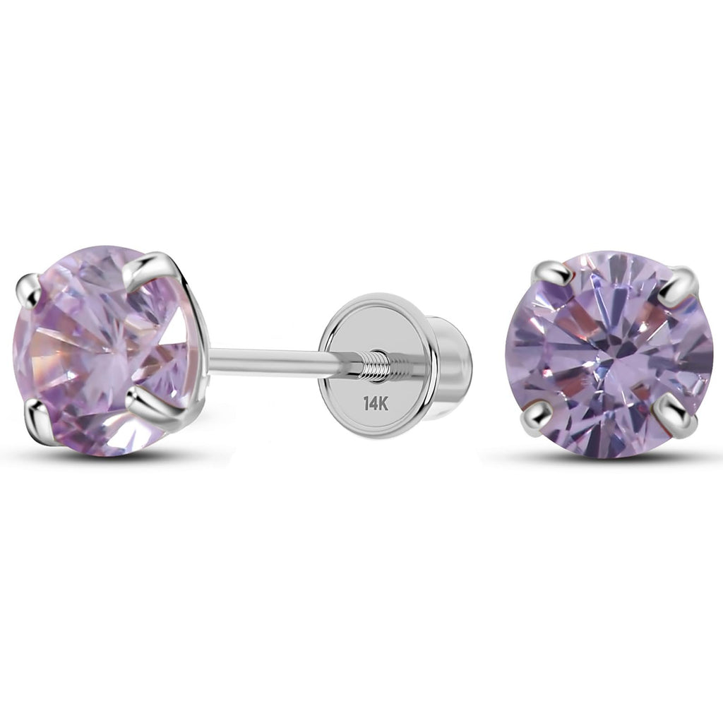 Solid 14K White Gold Round Solitaire Simulated-Alexandite-Birthstone Minimalist Stud Earring with Comfort Screw Backing