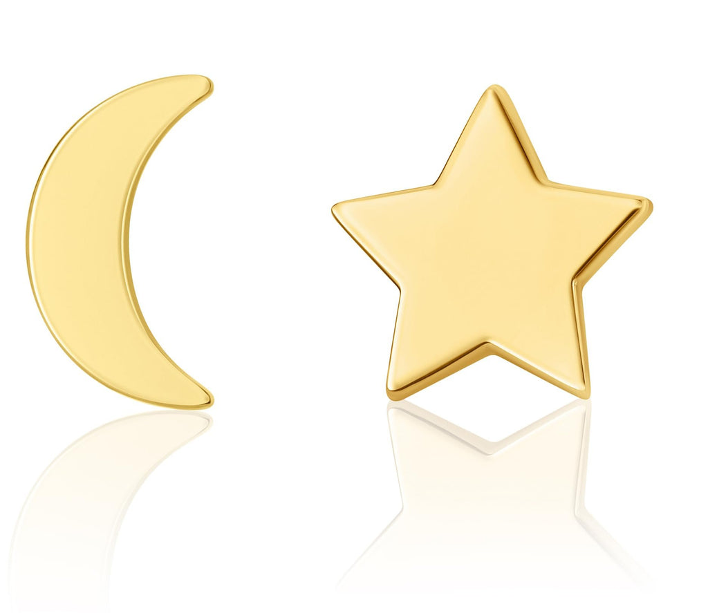 14K Solid Gold Celestial Star and Moon Shaped Stud Earrings Polished Shiny with Screw Backings, Yellow Gold