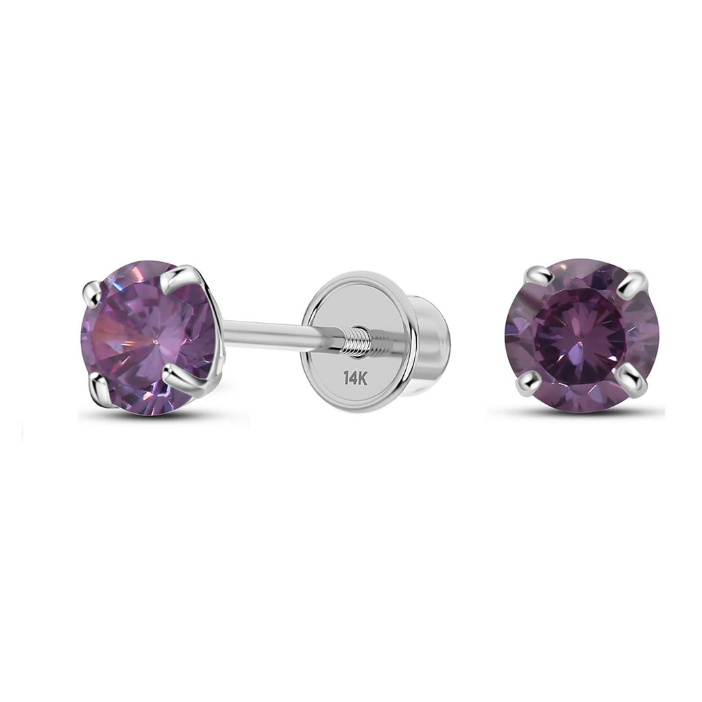 Solid 14K White Gold Round Solitaire Simulated-Amethyst-Birthstone Minimalist Stud Earring with Comfort Screw Backing
