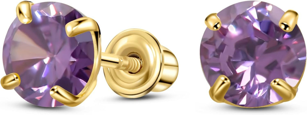 14K Yellow Gold Solitaire February Simulated Amethyst Stud Earring, Screw Back