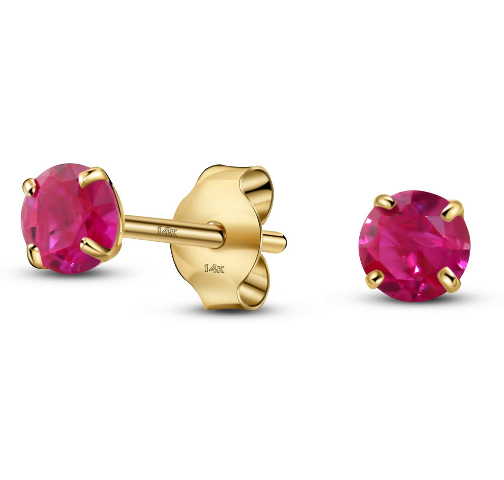 07-July Solid 14K Yellow Gold Round Solitaire July Simulated Ruby Birthstone Minimalist Stud Earring