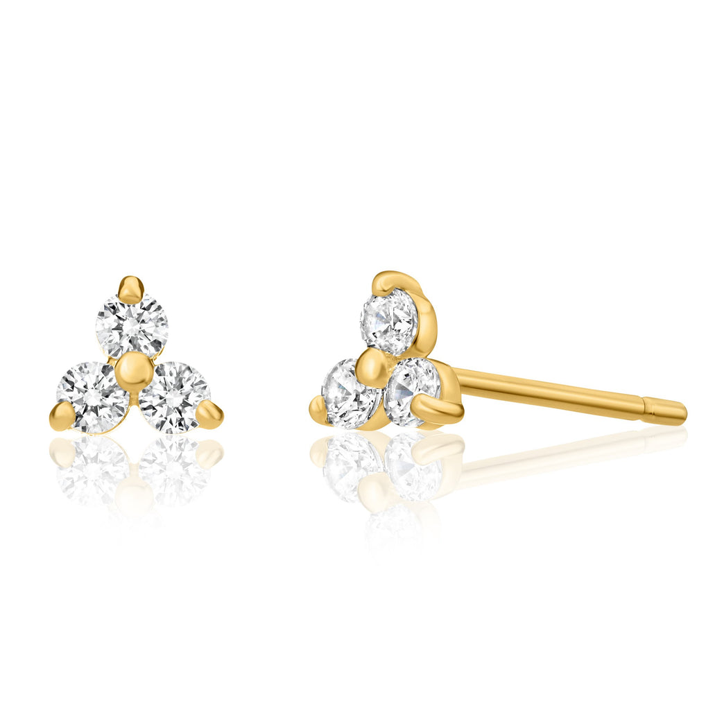 Solid 14k Gold Mini Lotus Cubic Zirconia Studs, Trefoil Trinity Triple Cluster Minimalist Earrings