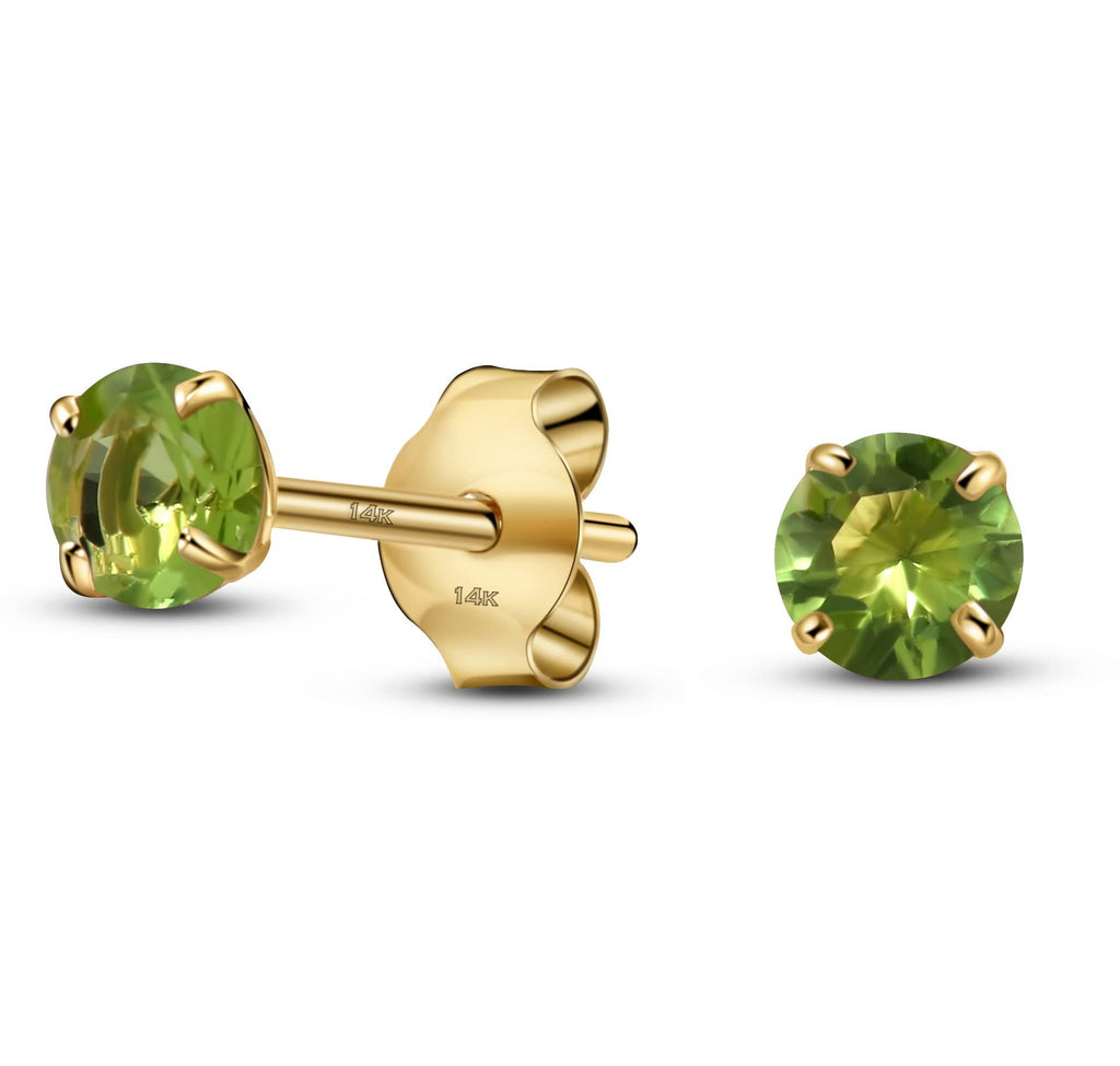 08-August Solid 14K Yellow Gold Round Solitaire August Simulated Peridot Birthstone Minimalist Stud Earring