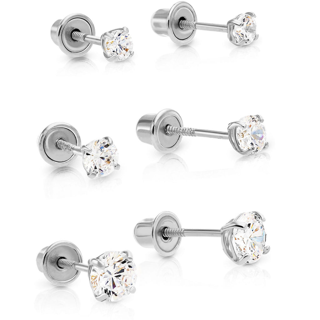 14k White Gold Solitaire Round Cubic Zirconia Stud 3 Pair Earring Set (3mm, 4mm, 5mm)