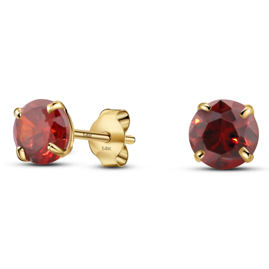 01-January Solid 14K Yellow Gold Round Solitaire January Simulated Garnet Birthstone Minimalist Stud Earrings