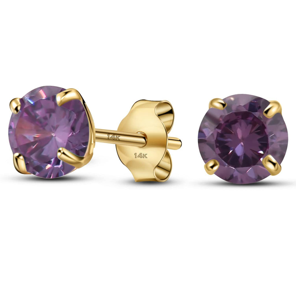 02-February Solid 14K Yellow Gold Round Solitaire February Simulated Amethyst Birthstone Minimalist Stud Earrings