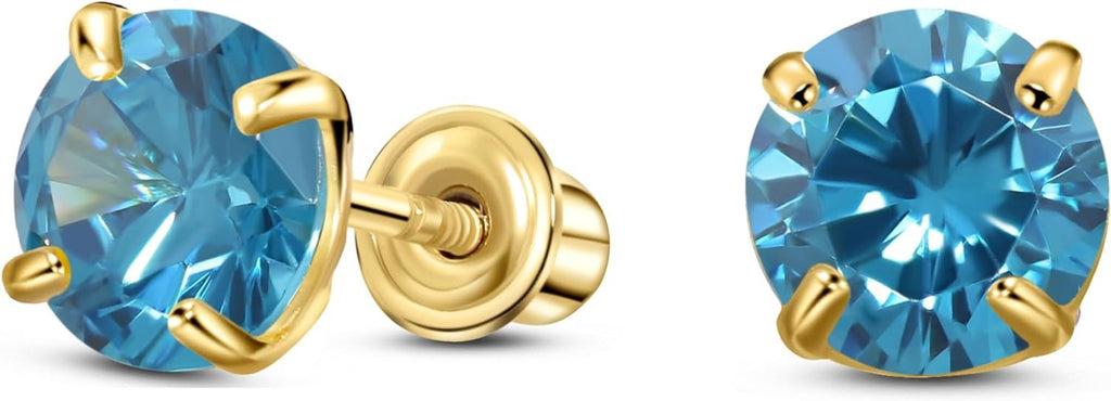 12-December Solid 14K Gold Round Solitaire Simulated-Blue Topaz-Birthstone Minimalist Stud Earring with Comfort Screw Backing