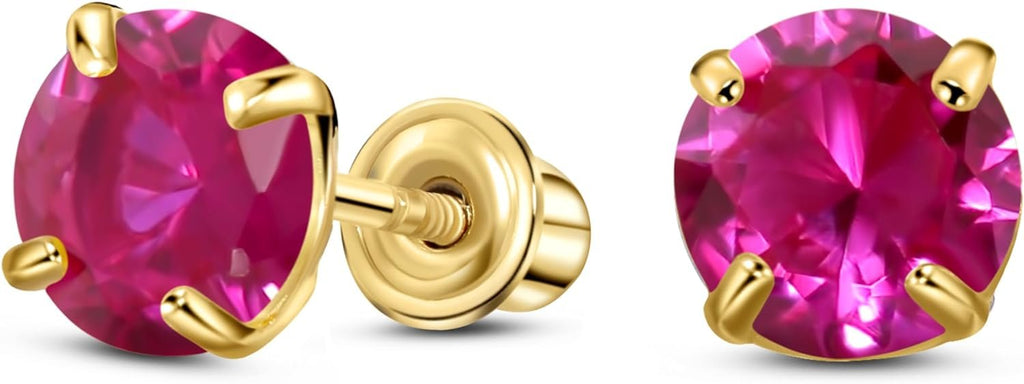 14K Yellow Gold Solitaire July Simulated Ruby Stud Earring, Screw Back