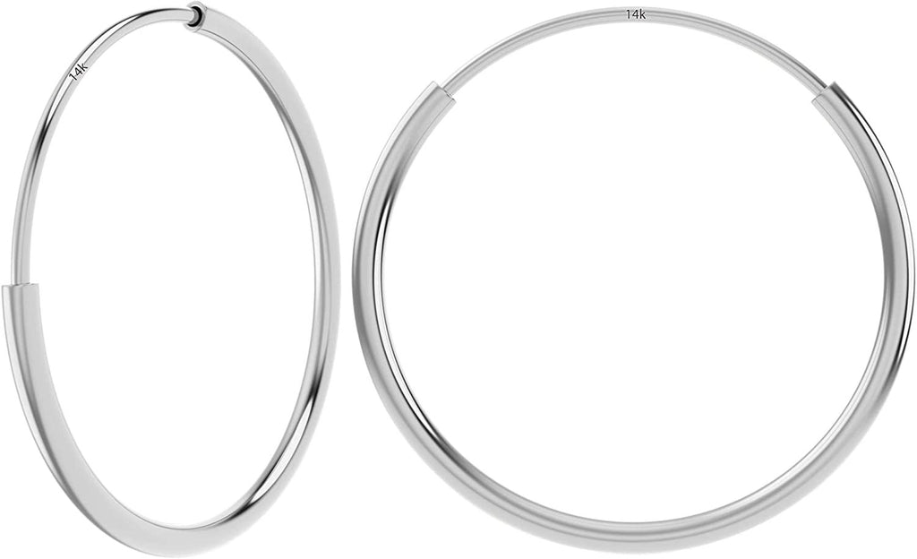 14k White Gold Endless Hoop Earrings Round Flexible Thin Continuous Hoops