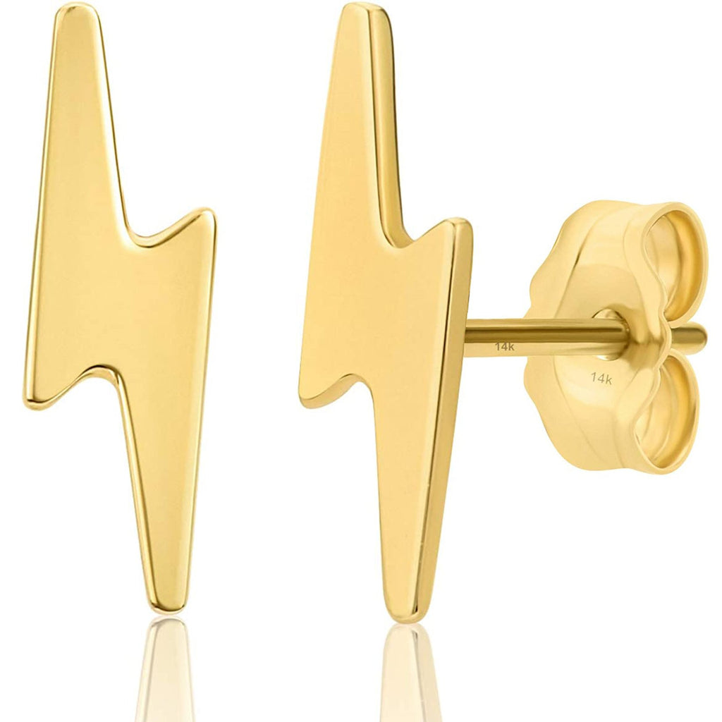 Solid 14K Yellow Gold Lightning Bolt Studs Dainty 8mm Earrings