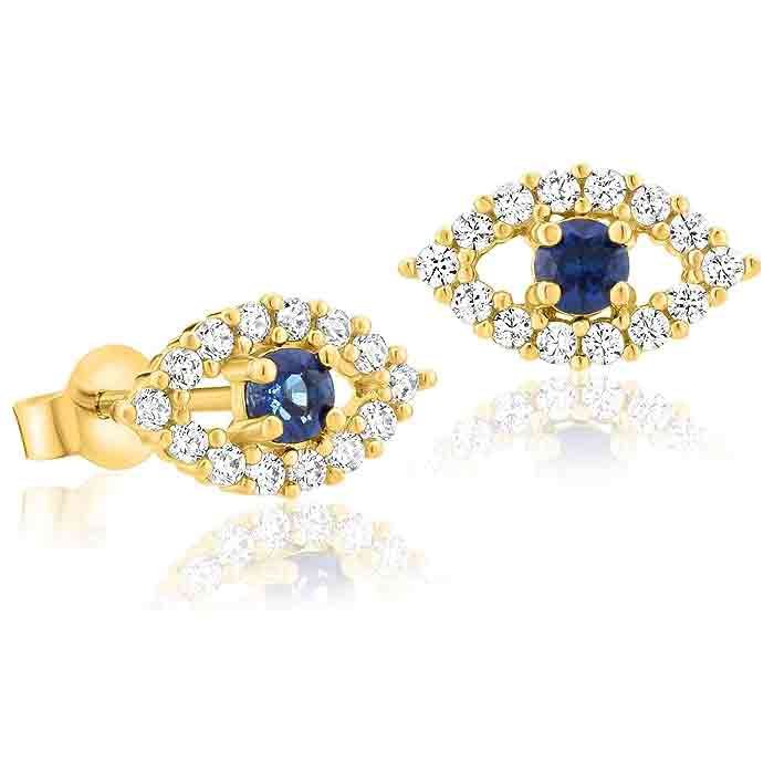 Solid 14k Gold Evil Eye Dainty Stud Earrings with Sparkling Cubic Zirconia