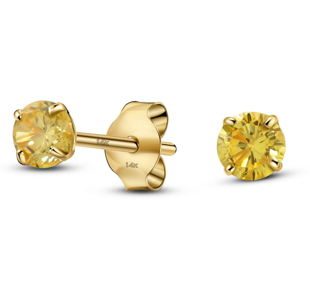 11-November Solid 14K Yellow Gold Round Solitaire November Simulated Citrine Birthstone Minimalist Stud Earring
