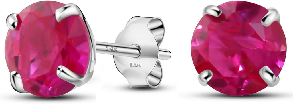 07-July Solid 14K White Gold Round Solitaire July Simulated Ruby Birthstone Minimalist Stud Earring