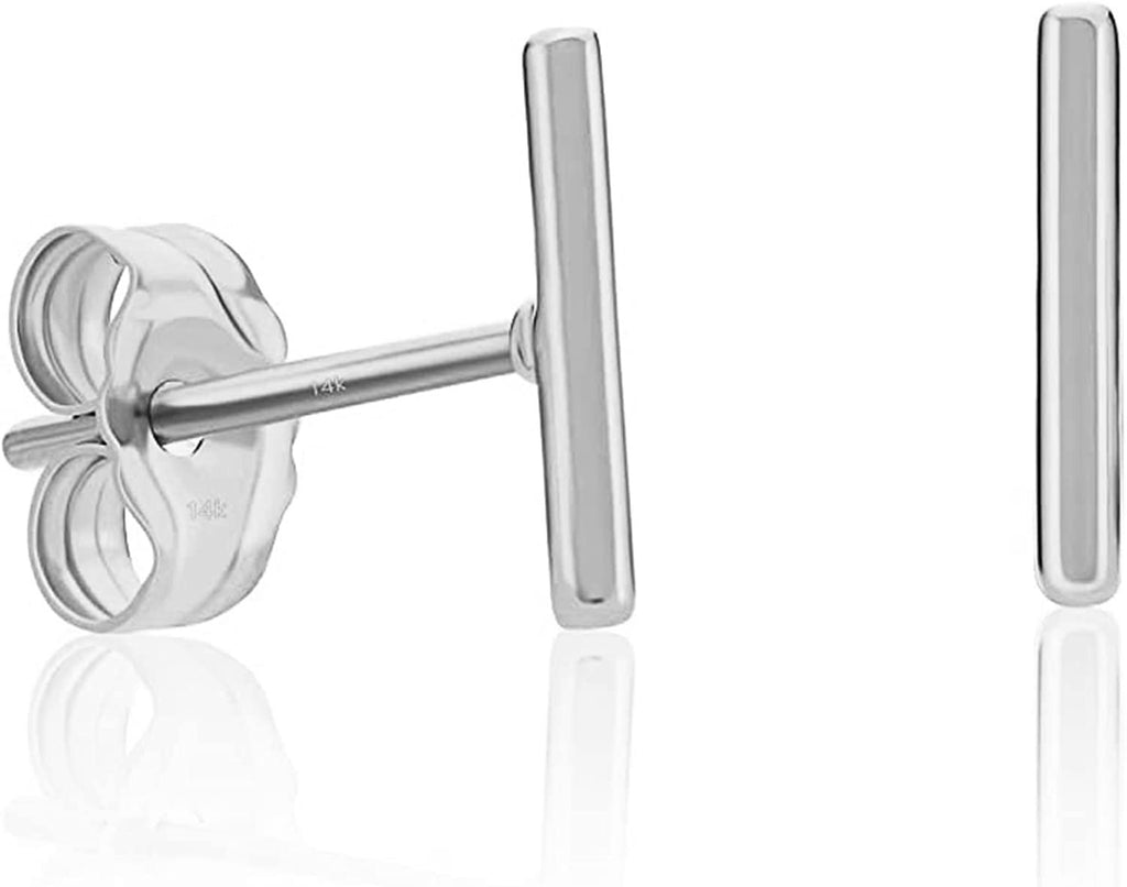 Real Gold Tiny Minimalist 14k White Gold Skinny Very Small Studs Bar Line Stick Earrings