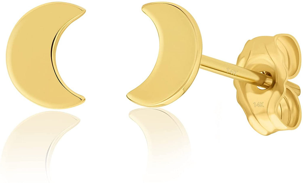 14K Yellow Gold Dainty Small Mini Moon Stud Earrings Minimalist, Delicate Jewelry