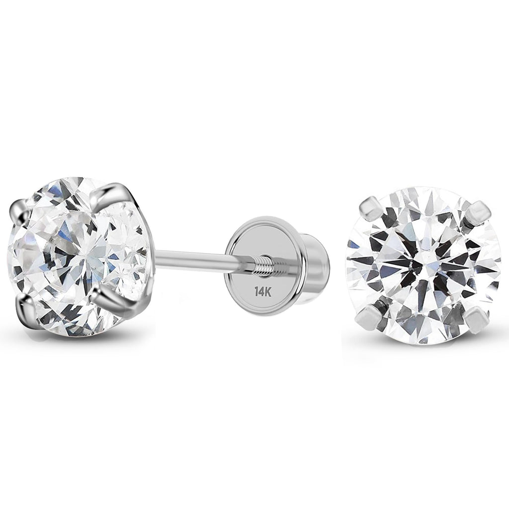 Solid 14K White Gold Round Solitaire Simulated-Clear CZ-Birthstone Minimalist Stud Earring with Comfort Screw Backing