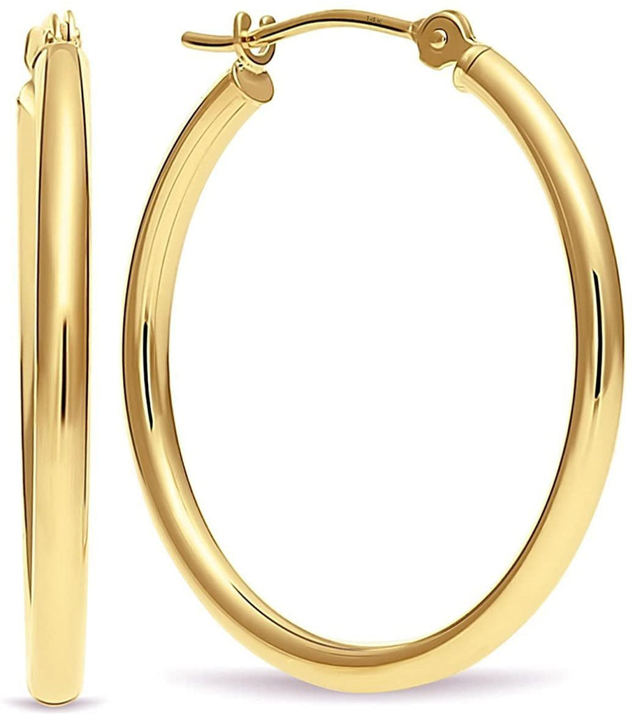 14k Gold Classic Shiny Polished Round Hoop Earrings, 2mm tube, 35mm (1.4 inch) Diameter