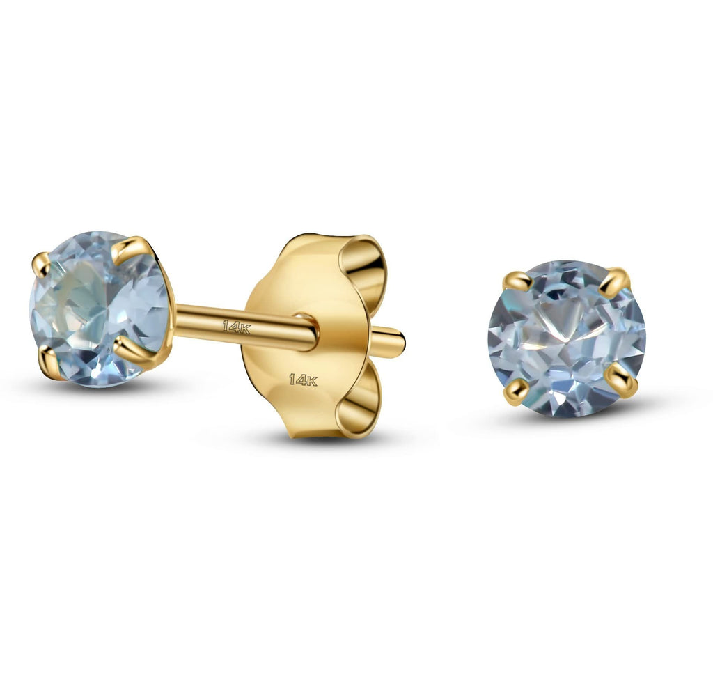 03-March Solid 14K Yellow Gold Round Solitaire March Simulated Aquamarine Birthstone Minimalist Stud Earring