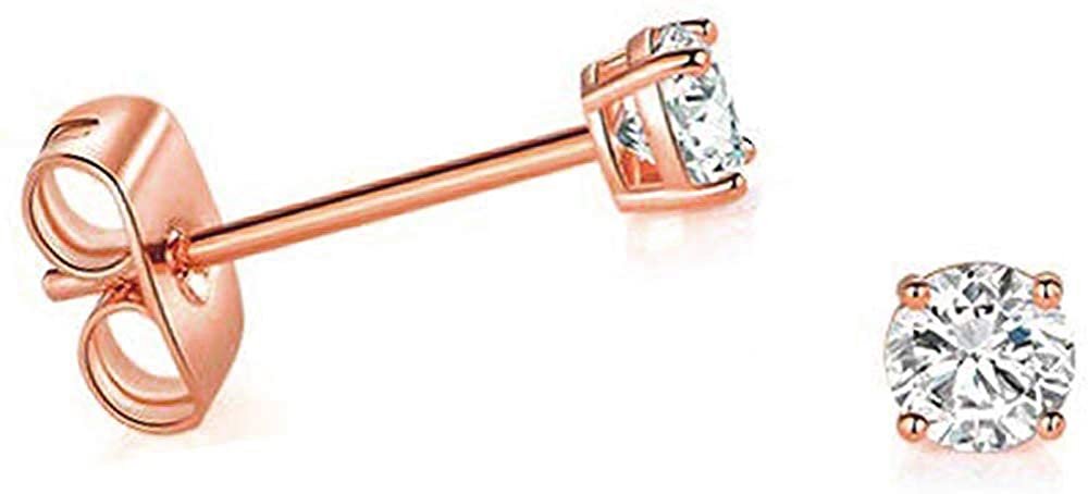 Solid 14k Rose Gold Solitaire Round Cubic Zirconia Push Backings Stud Earrings