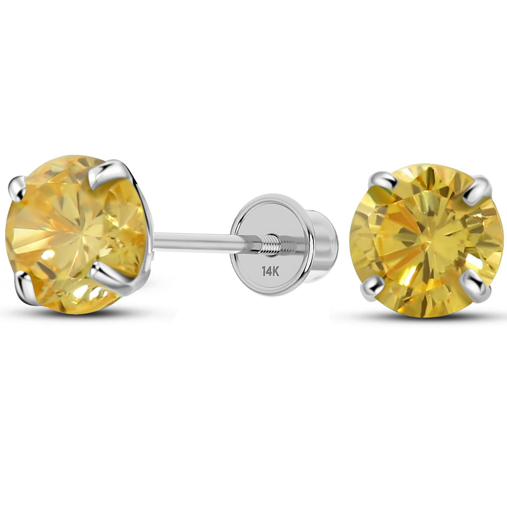 Solid 14K White Gold Round Solitaire Simulated-Citine-Birthstone Minimalist Stud Earring with Comfort Screw Backing