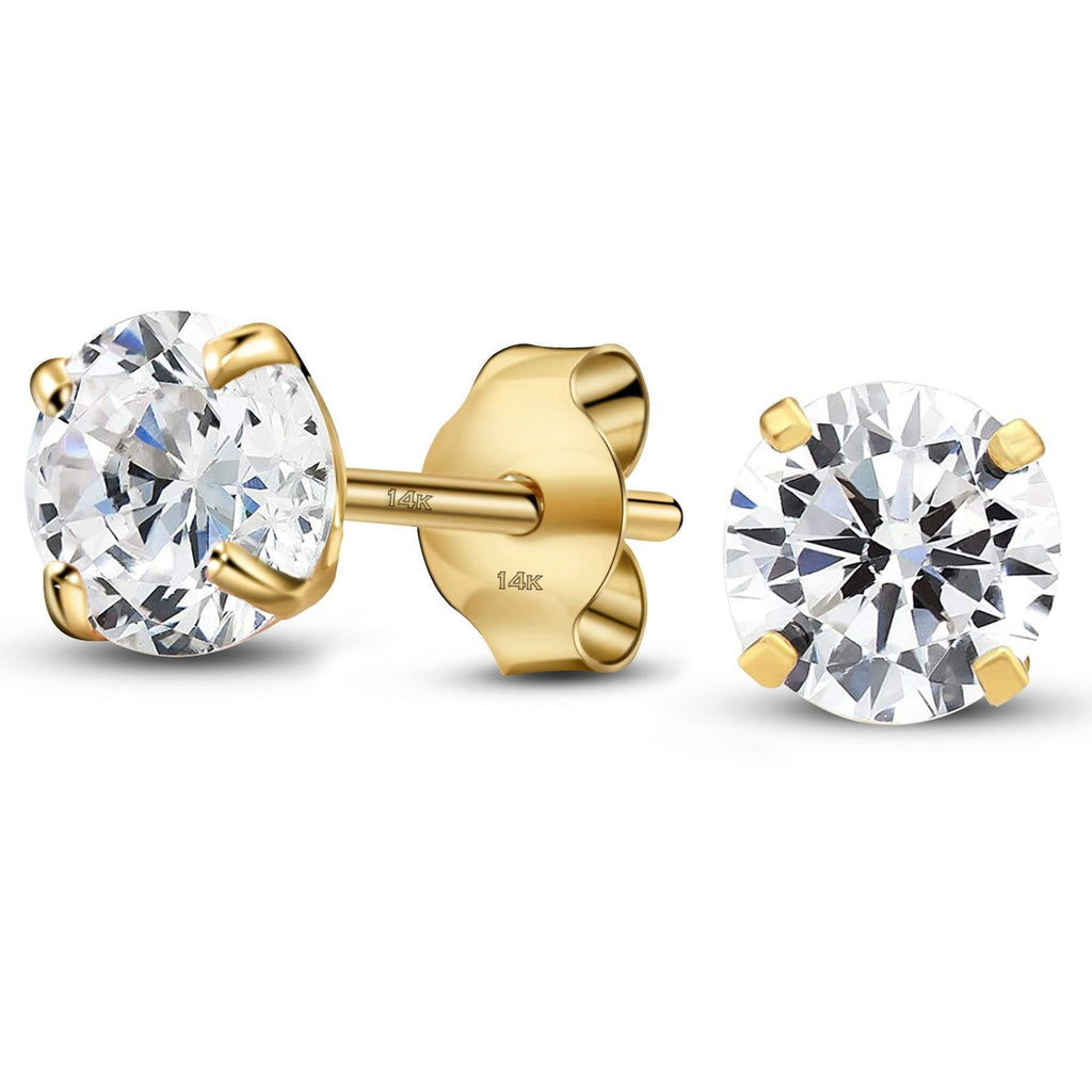 04-April Solid 14K Yellow Gold Round Solitaire April Simulated Clear CZ Birthstone Minimalist Stud Earring