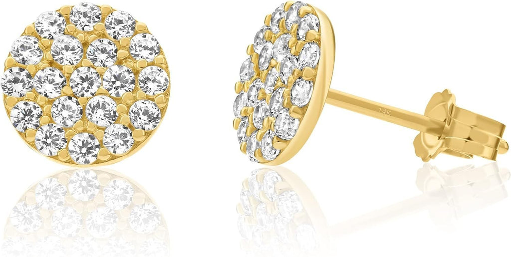 14K Yellow Gold Circle Studs Pave CZ Mini Disc Round Dot Earrings