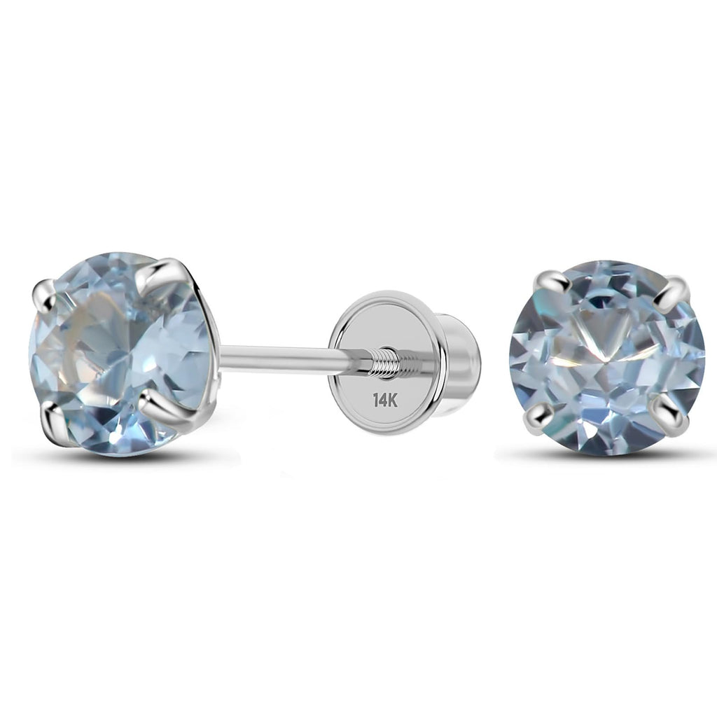 Solid 14K White Gold Round Solitaire Simulated-Aquamarine-Birthstone Minimalist Stud Earring with Comfort Screw Backing