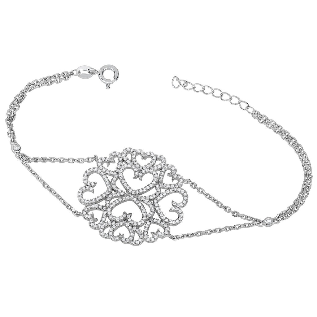 Sterling Silver Cubic Zirconia Cluster Heart Bracelet