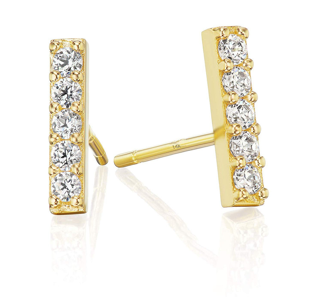 14k Gold Cubic Zirconia CZ Dainty Mini Bar Stud Earrings