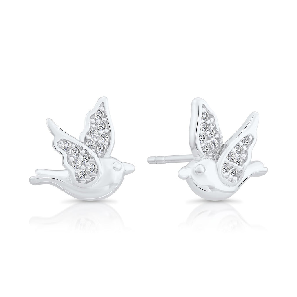 Sterling Silver Bird Stud Earrings with Cubic Zirconia