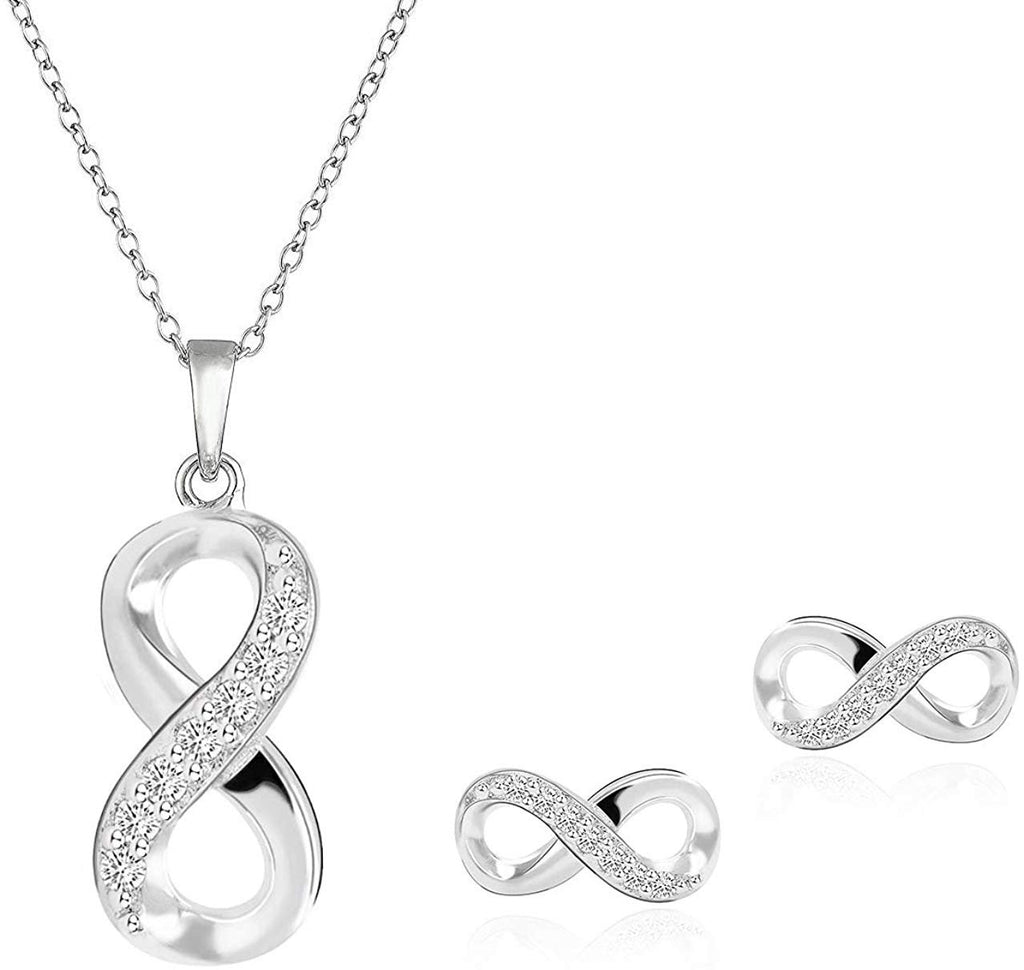 Sterling Silver Cubic Zirconia Infinity Jewelry Set of Necklace and Stud Earrings